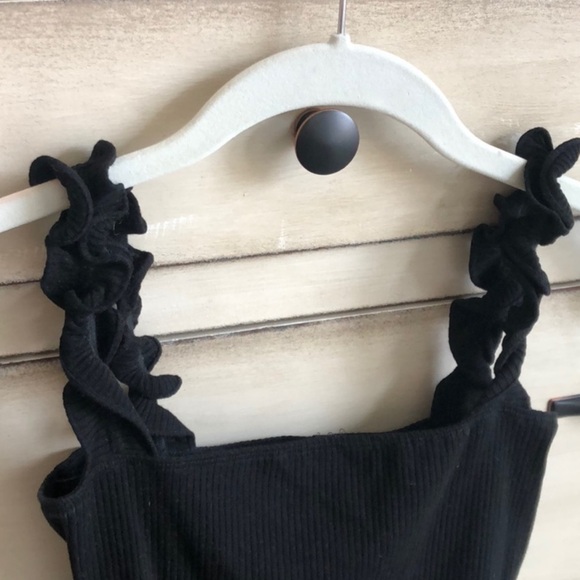 Reformation Black Ribbed Bodysuit with Ruffle Straps - Picture 2 of 4